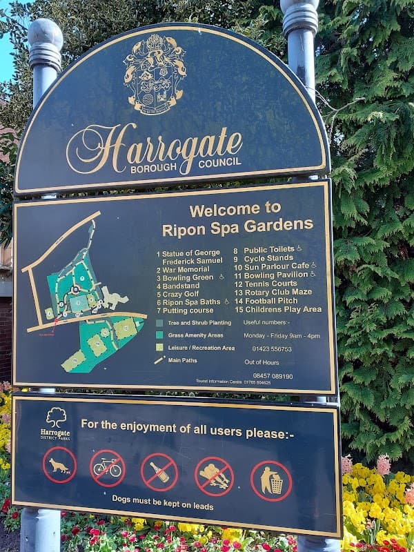 Sign welcoming visitors to Ripon Spa Gardens, featuring a map and listing amenities like toilets, café, and playground.