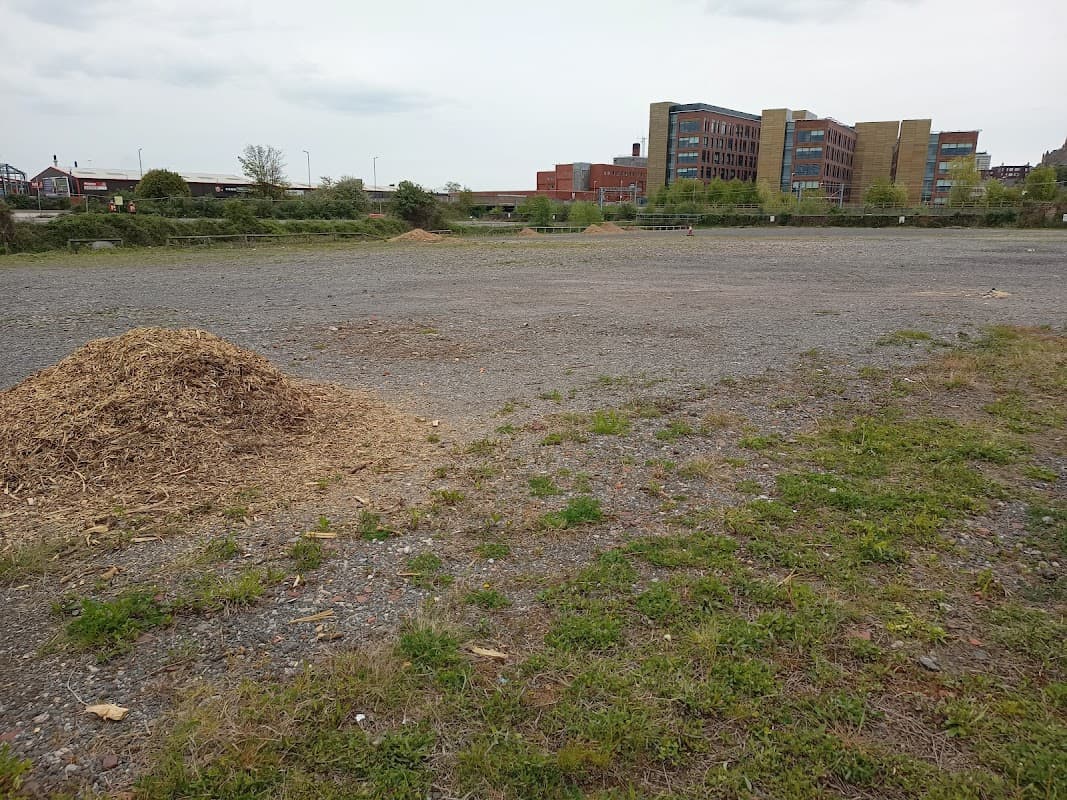 Gravel car park with sparse grass, piles of mulch, and modern buildings in the background under a cloudy sky.