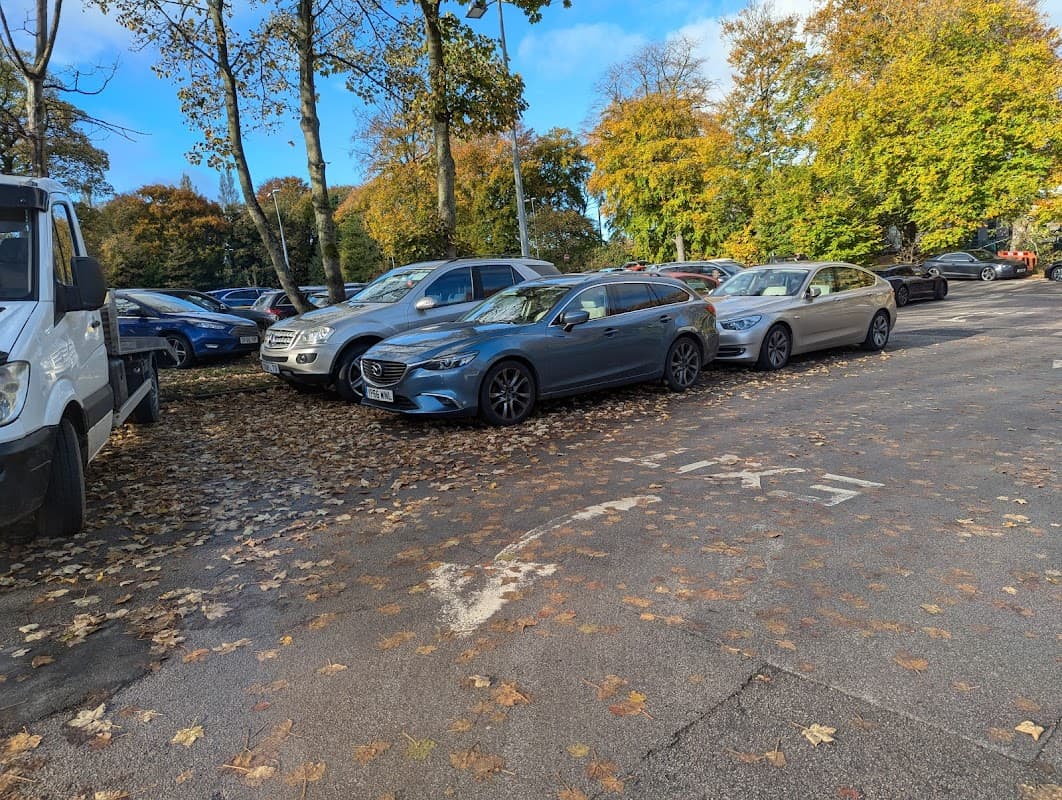 Cars parked amidst fallen leaves, with trees in autumn colors in the background at Rotherham Hospital car park.