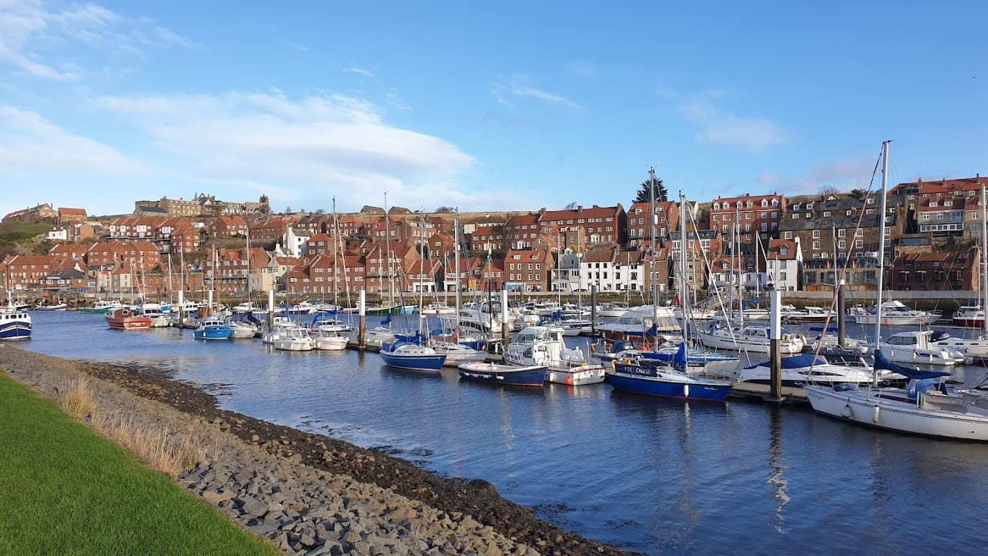 Harbor scene with moored boats, colorful buildings along the waterfront, and a clear blue sky in Ruswarp, Yorkshire.