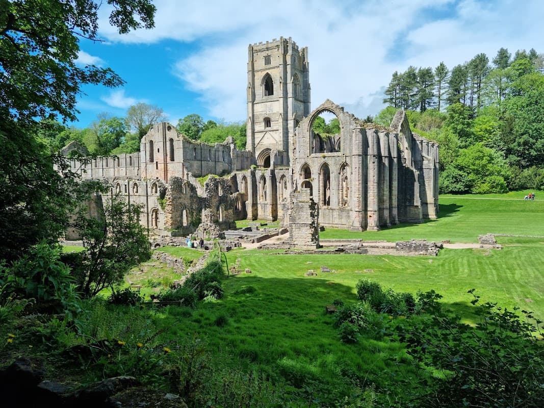 Ruins of Fountains Abbey surrounded by lush greenery and blue skies, with remnants of stone structures and grassy areas.