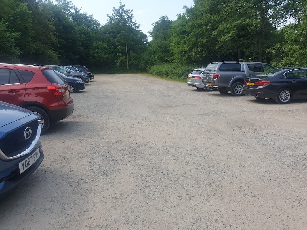Gravel parking lot with several cars surrounded by trees at Fountains Abbey in Sawley, North Yorkshire.