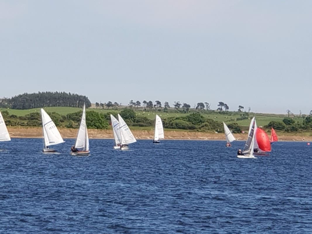 Sailboats racing on a lake with green hills and trees in the background under a clear blue sky.