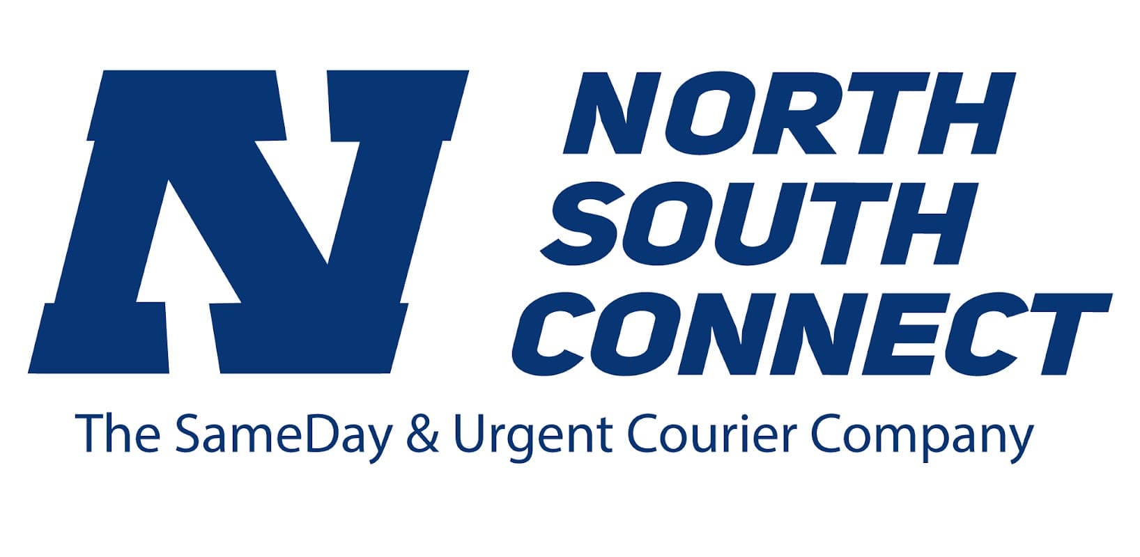 North South Connect Ltd logo featuring bold blue lettering with a stylized 'N' and tagline about courier services.