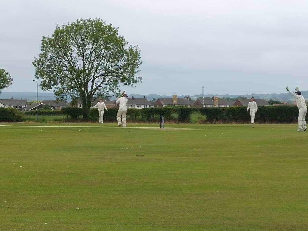 Cricket players in white uniforms on a grassy field, with trees and houses in the background under a cloudy sky.