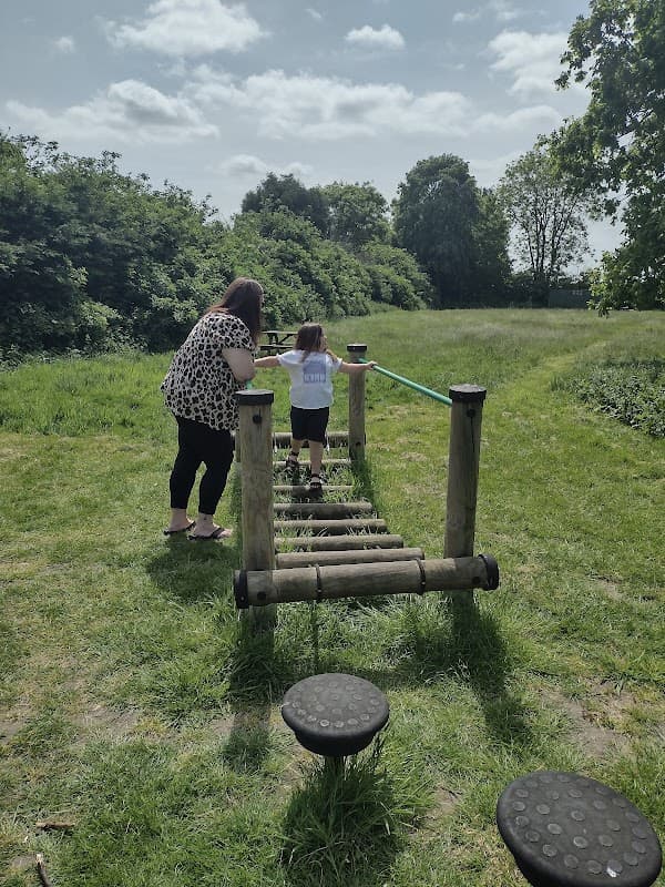 A woman and a child navigate a wooden balance beam in a grassy field surrounded by trees under a cloudy sky.