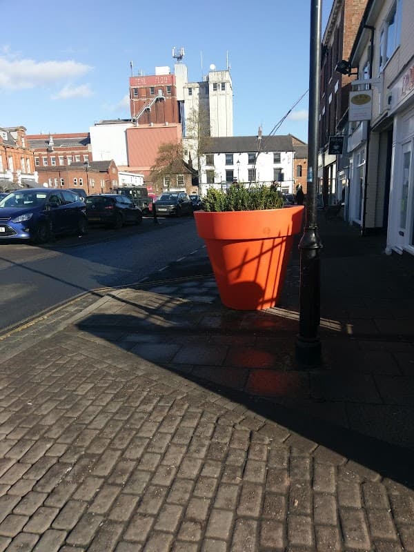 Bright orange flower pot on a cobblestone sidewalk, with cars parked and buildings in the background under a clear blue sky.