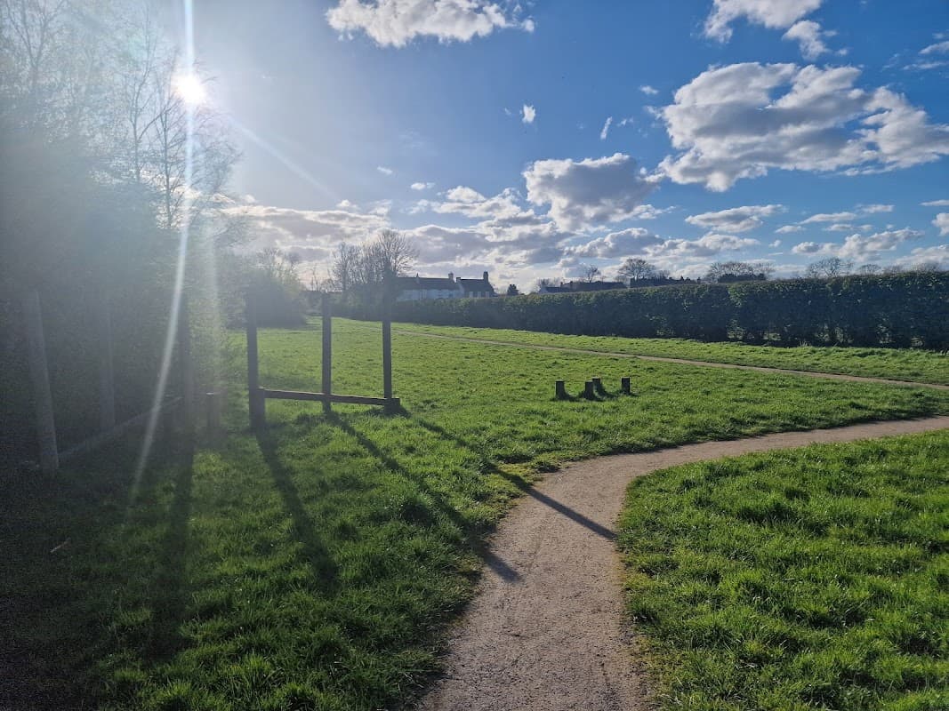 Sunlit grassy area with a winding path, trees in the background, and a blue sky dotted with fluffy clouds.