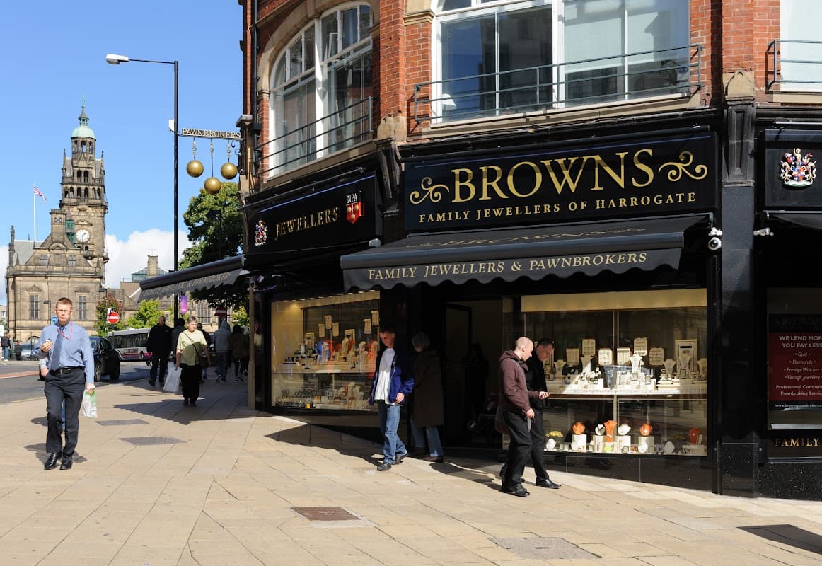 Browns Family Jewellers storefront in Sheffield, featuring a display of jewelry and pedestrians on the sidewalk.