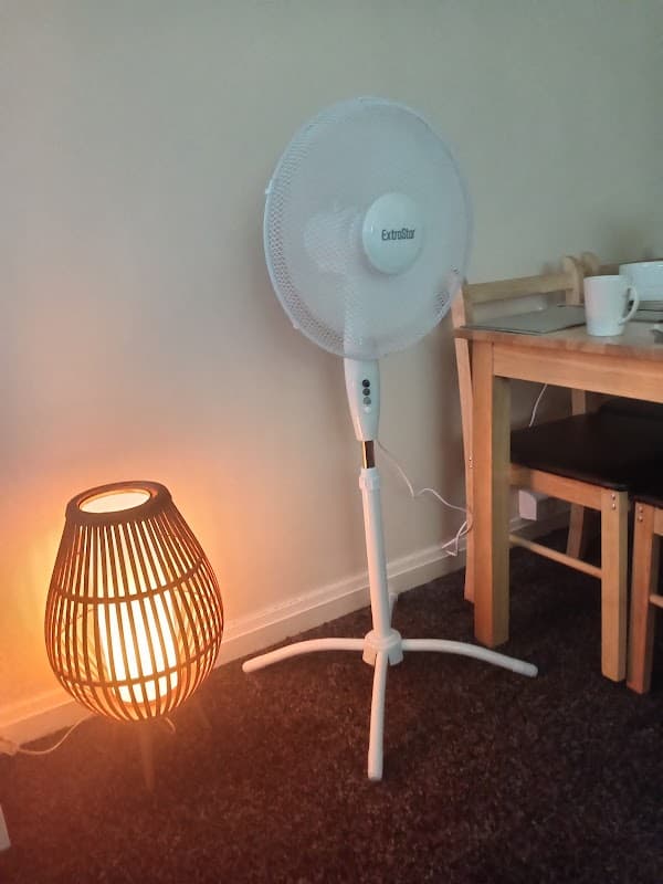 A standing fan next to a woven lamp, with a small table and chair in a cozy room setting.