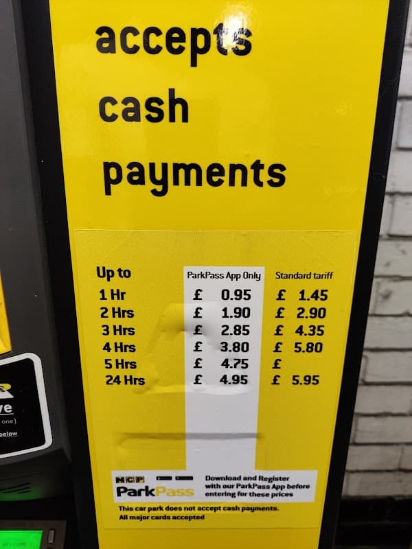 NCP Sheffield Blonk Street parking sign with cash payment options and pricing details for various durations.