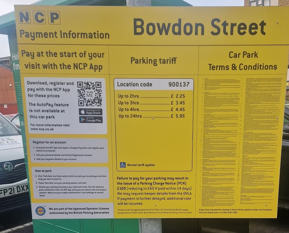 NCP Bowdon Street parking sign with payment info, tariffs, and terms for Sheffield, Yorkshire.