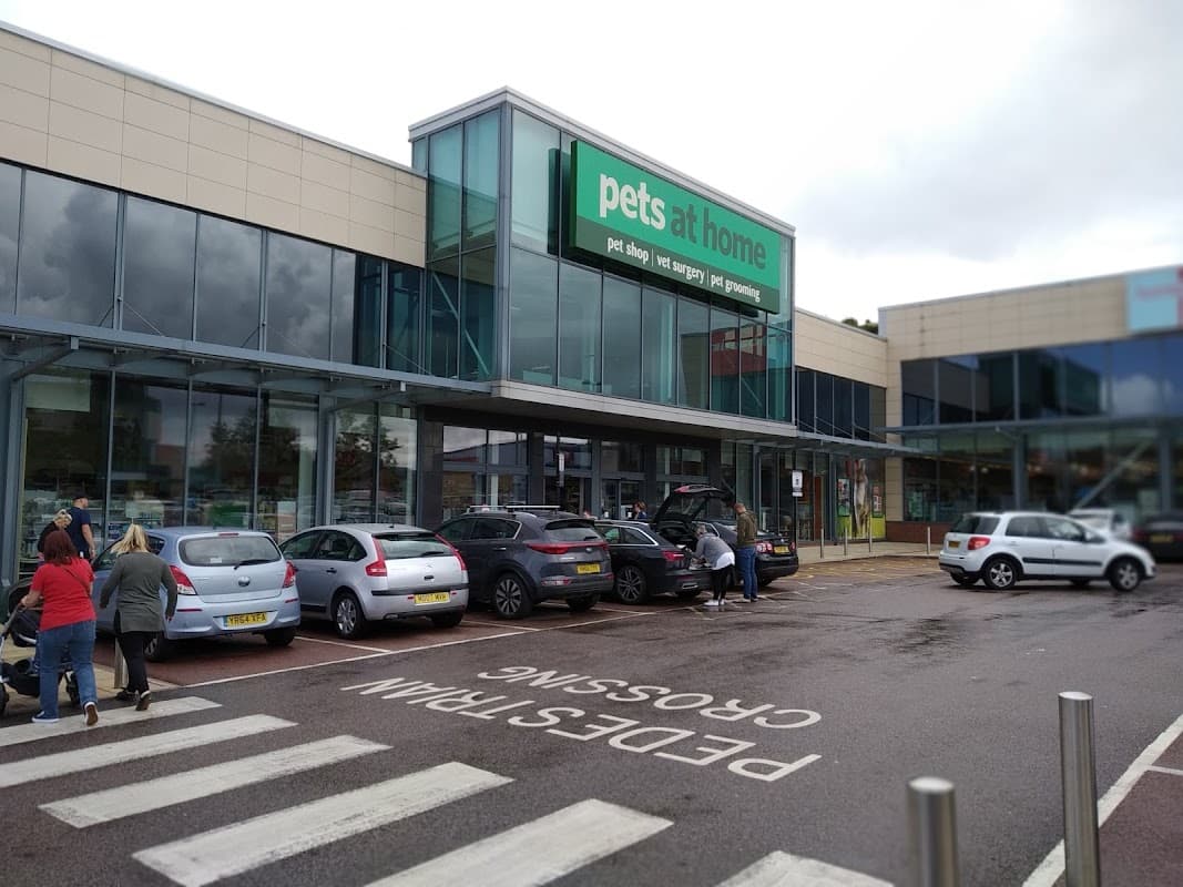Pets at Home store exterior with shoppers, cars in parking lot, and a pedestrian crossing sign in Sheffield, Yorkshire.