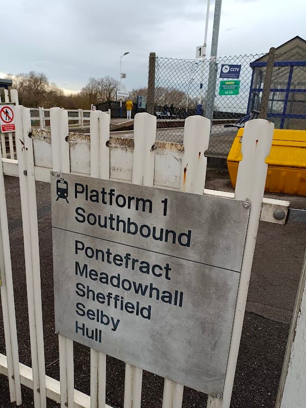 Sign for Platform 1 Southbound at Sherburn-in-Elmet station, listing destinations: Pontefract, Meadowhall, Sheffield, Selby, Hull.