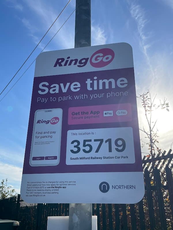 Sign for RingGo parking at South Milford Railway Station Car Park, featuring payment instructions and location code.
