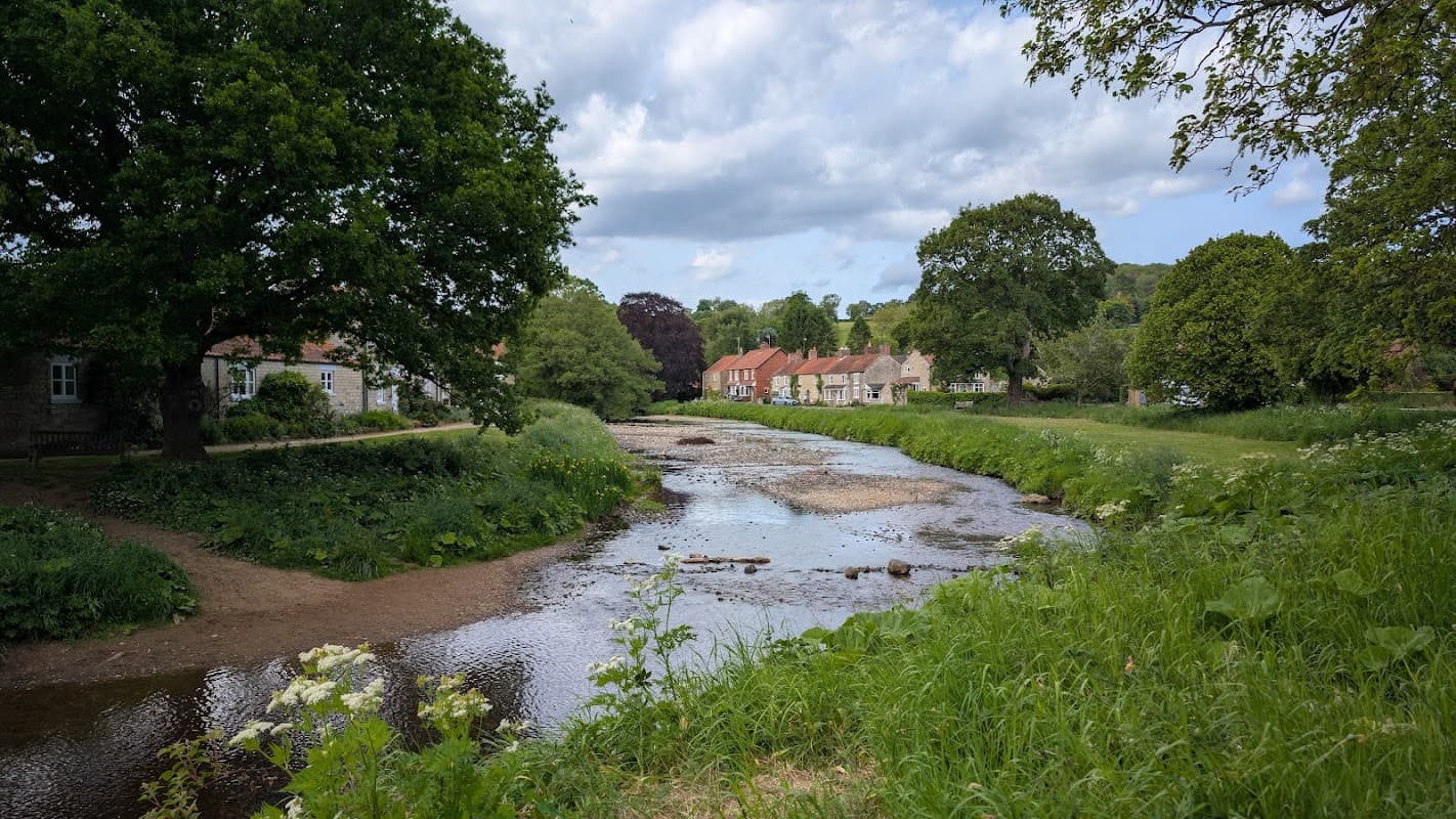 Sinnington Village Hall beside a tranquil river, surrounded by greenery and quaint houses under a cloudy sky.