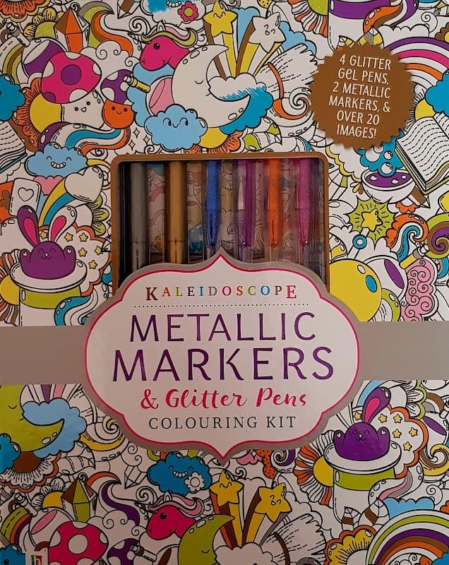 Coloring kit box featuring metallic markers and glitter pens, with colorful illustrations and a label detailing contents.