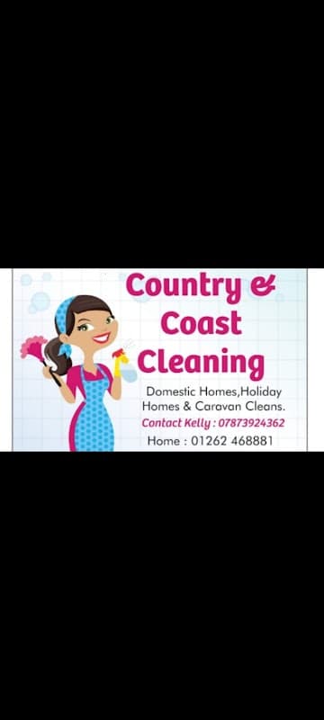 "Logo for Country & Coast Cleaning featuring a cartoon woman with cleaning supplies, contact info, and services listed."