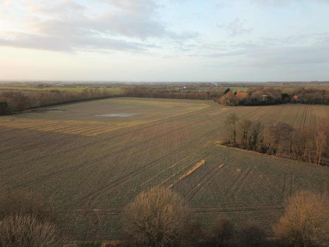 A wide view of a grassy field with scattered trees under a cloudy sky in Skirlaugh, Yorkshire.
