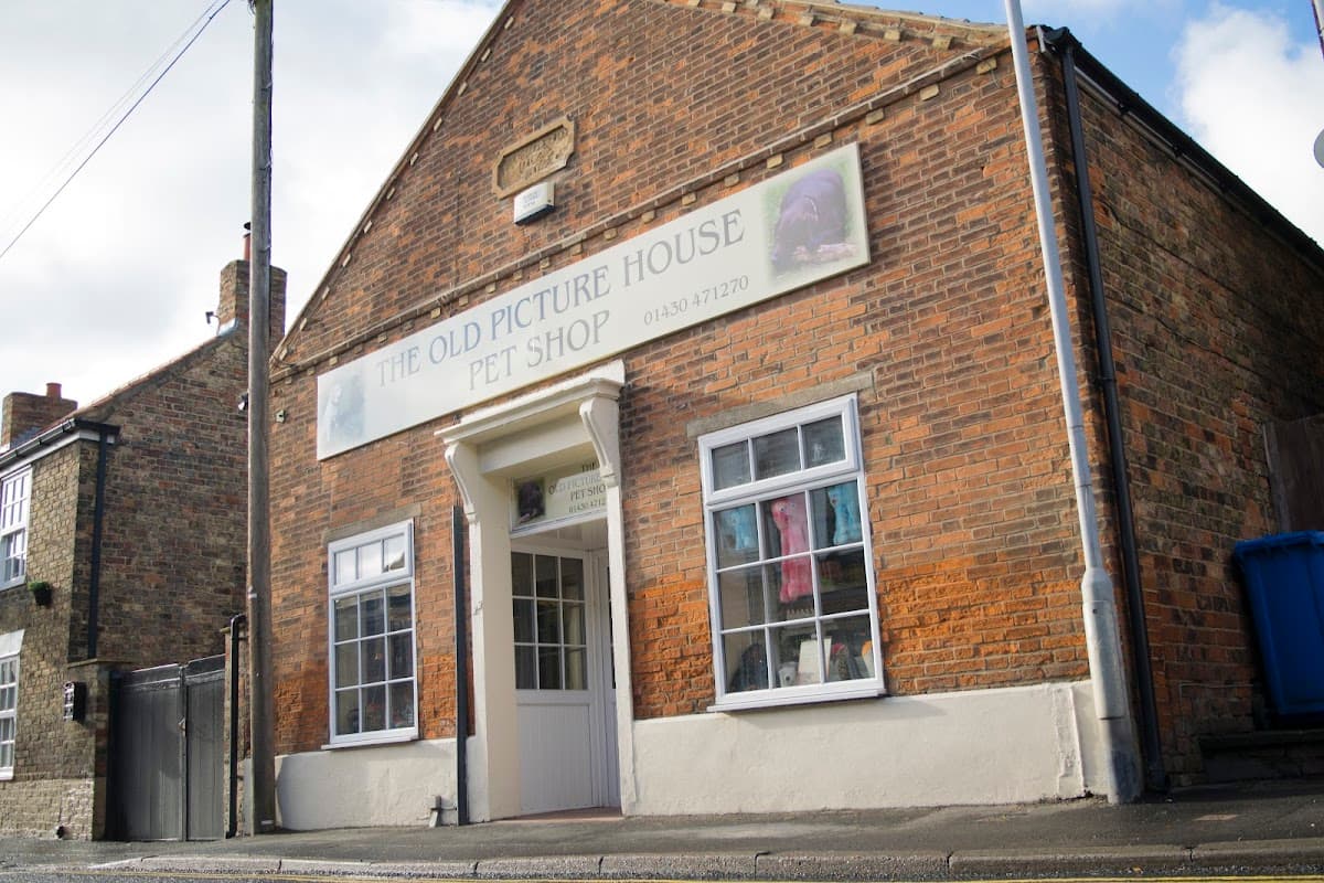 Brick building with a sign reading "The Old Picture House Pet Shop," featuring a white door and colorful window displays.
