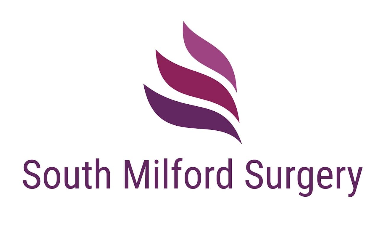 Logo of South Milford Surgery featuring stylized purple leaves above the text in a modern font.