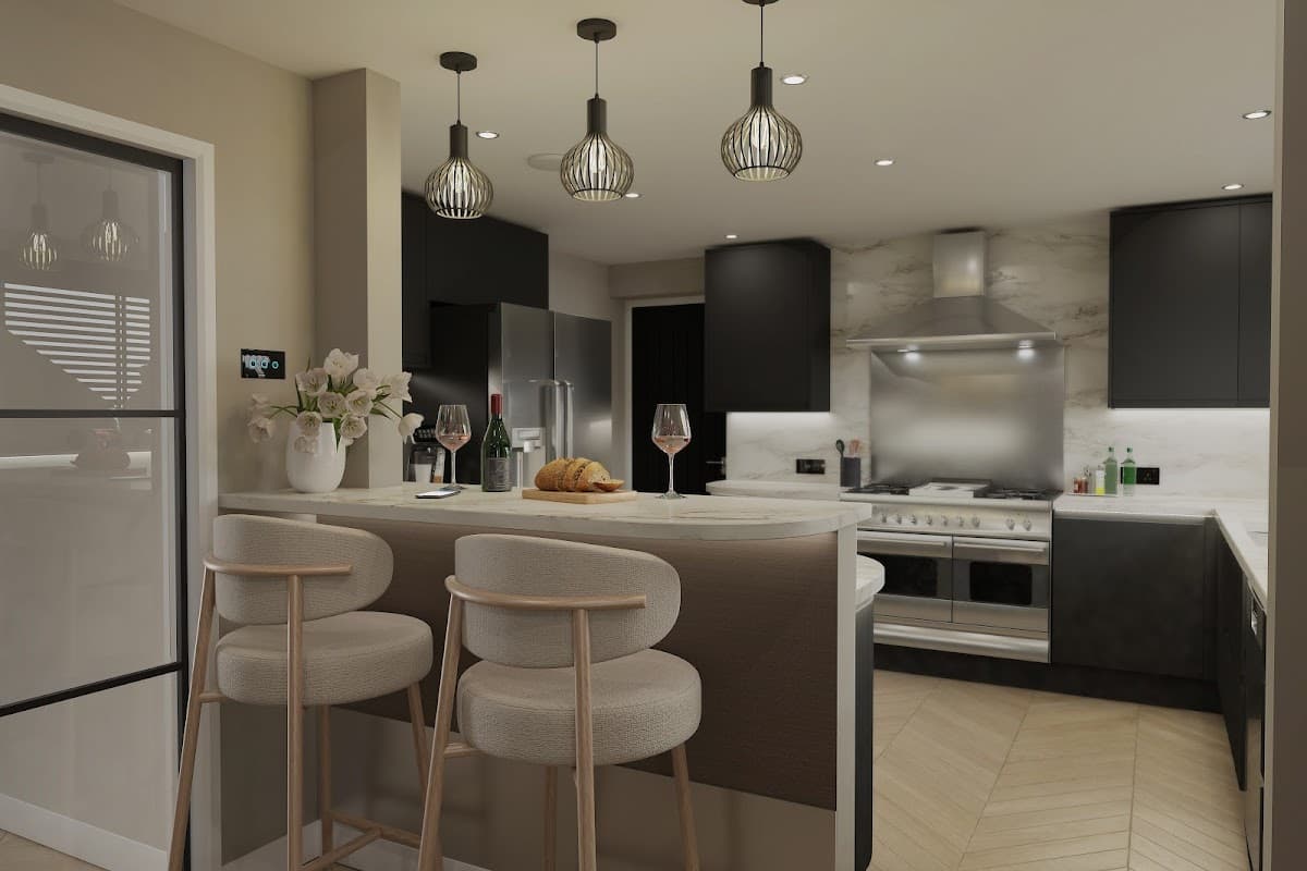 Modern kitchen with sleek black cabinetry, pendant lights, wine glasses, and a cozy breakfast bar with stools.