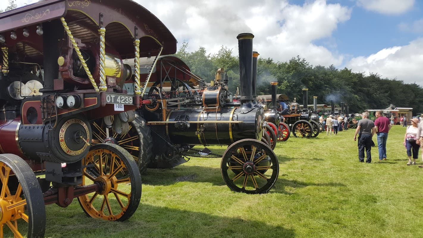 Colorful steam engines lined up on green grass, with visitors exploring the Duncombe Park Steam Rally under a blue sky.