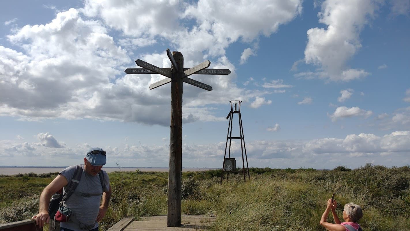 Wooden signpost with directional arrows and a tall structure in grassy landscape under a cloudy sky.