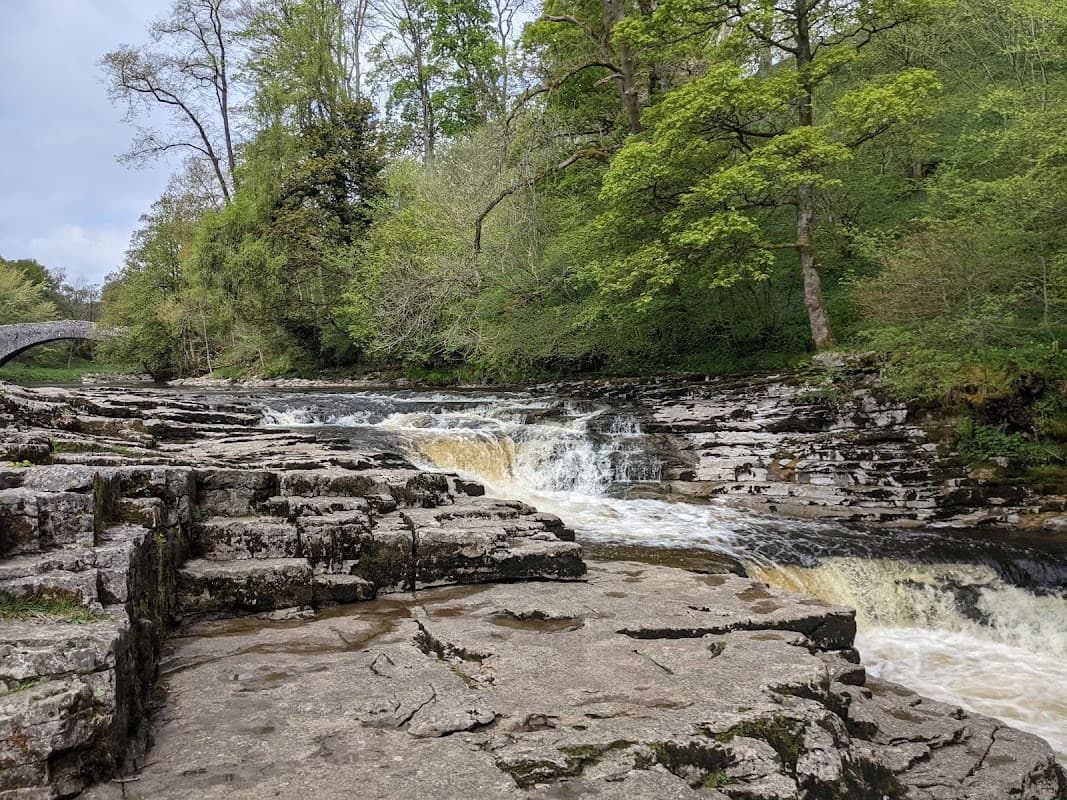 Rushing water cascades over rocky ledges, surrounded by lush greenery and trees, with a stone bridge in the background.