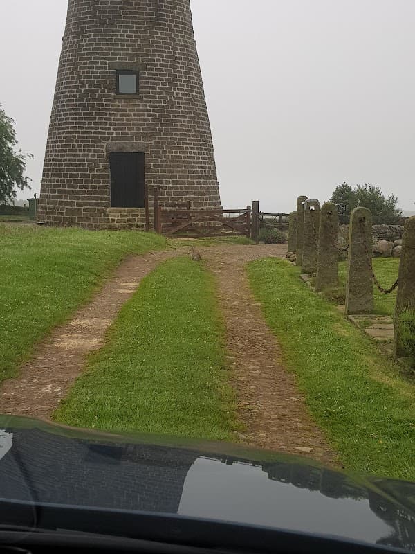 A gravel path leads to a stone cottage with a tower, surrounded by green grass and stone posts.
