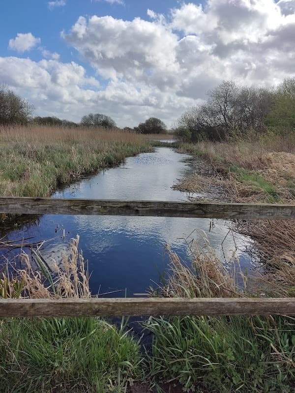 Footbridge over a calm river, surrounded by tall grasses and trees under a partly cloudy sky.