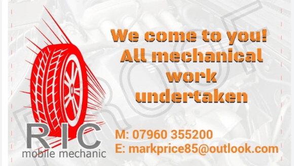 R.I.C. mobile mechanic advertisement with contact info and slogan, featuring a tire graphic and mechanical background.