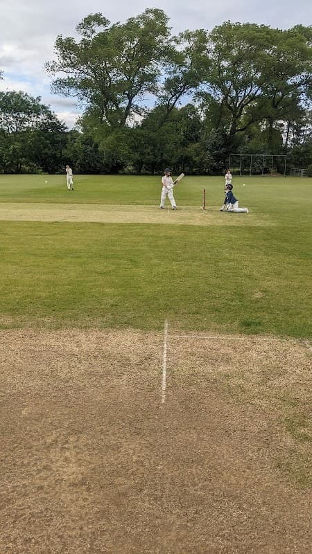 Cricket match in progress on a green field with players in white uniforms and trees in the background.