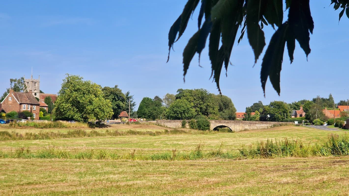 Lush green fields with a stone bridge, trees, and quaint buildings under a clear blue sky in Stillingfleet, Yorkshire.