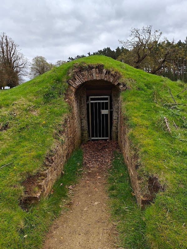 Historic ice house entrance with a grassy mound and a metal gate, surrounded by trees and a dirt path.