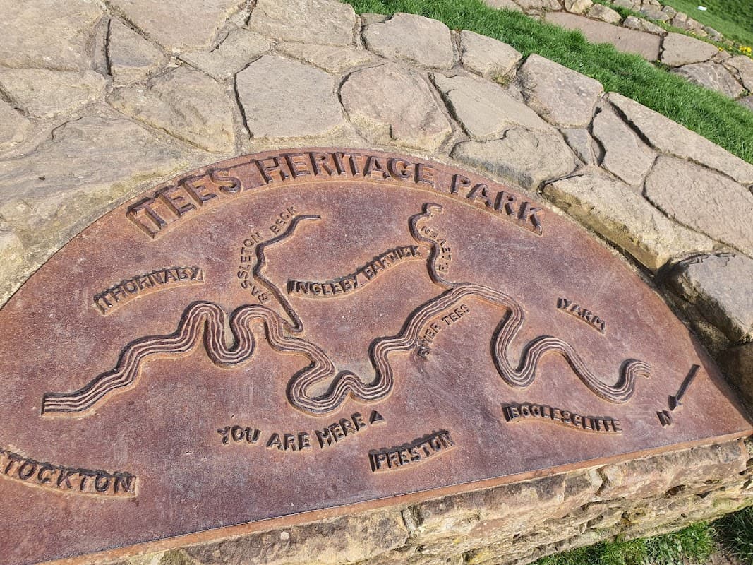 Map engraving of Tees Heritage Park highlighting local areas and the River Tees, set on a stone surface.