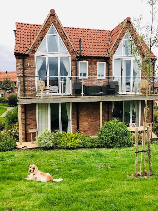 Two-story brick house with large windows, balcony seating, and a golden retriever lounging on green grass.