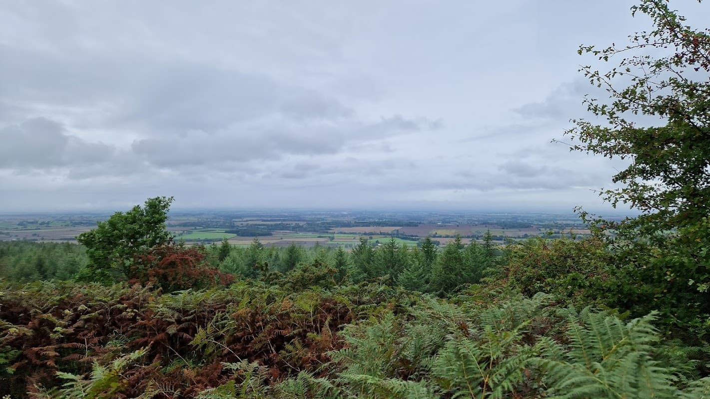 Scenic view from Kilburn parking overlooking rolling hills, fields, and trees under a cloudy sky.