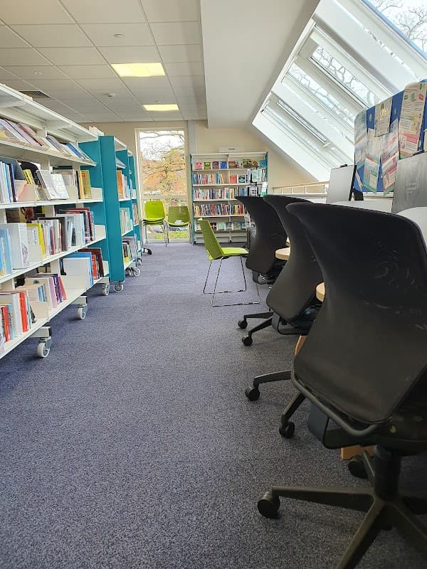 Bright library interior with bookshelves, chairs, and large windows letting in natural light.