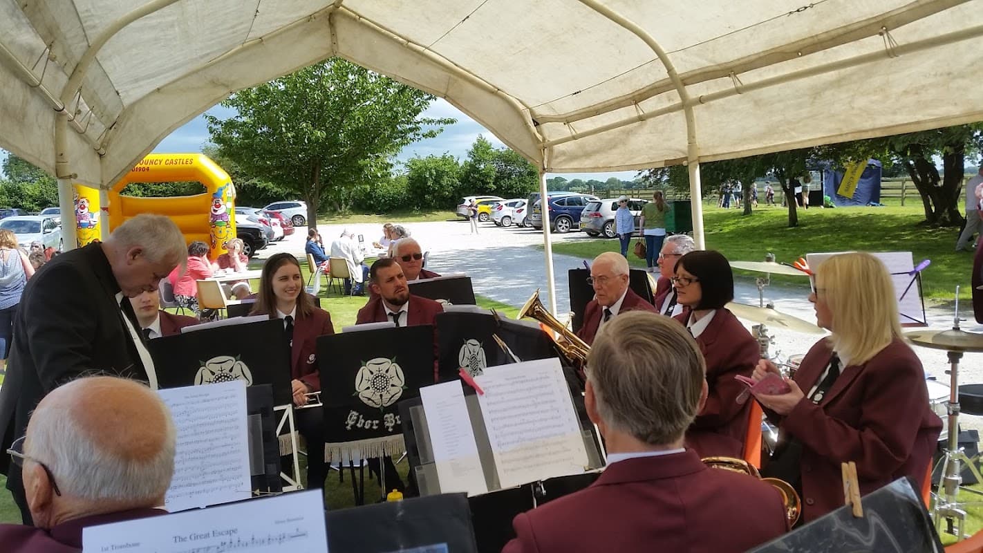 A band performs under a tent at Thorganby Village Hall, with attendees and cars in the background on a sunny day.