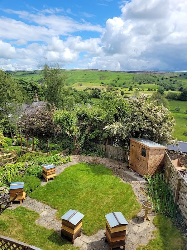 Lush green garden with beehives, wooden shed, and rolling hills under a partly cloudy sky in Thornton in Craven.