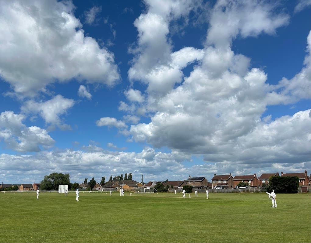 Cricket match in progress on a green field under a blue sky with fluffy clouds, surrounded by houses.