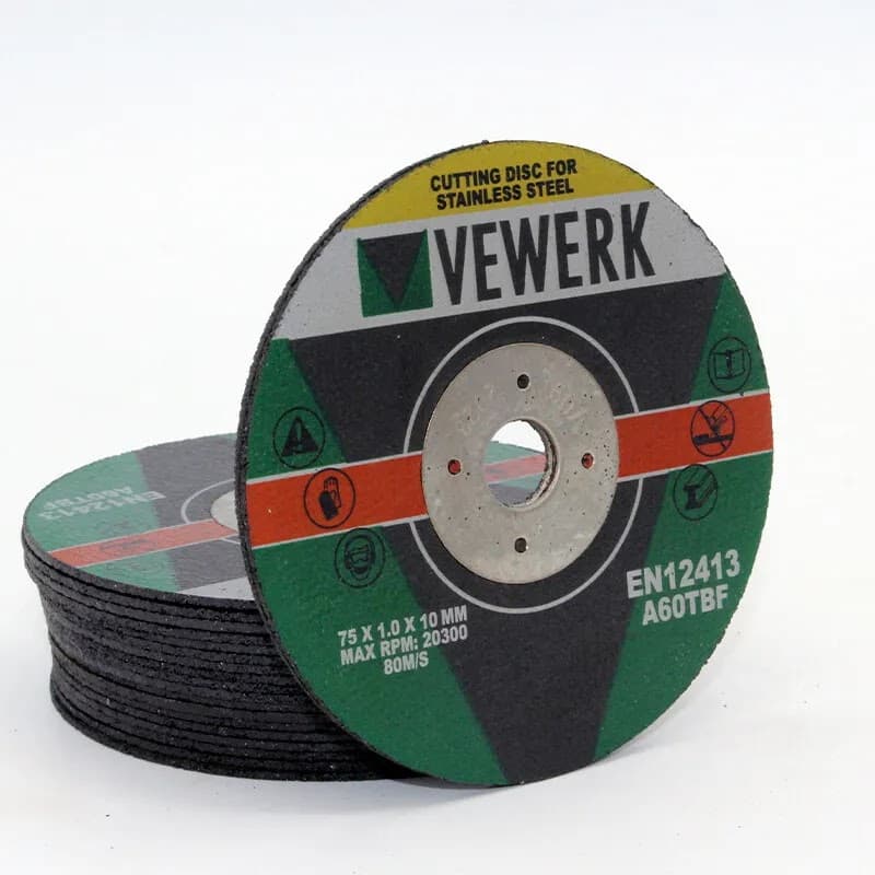 Cutting discs for stainless steel from Vewerk, featuring safety icons and specifications on a black background.