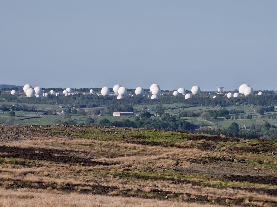 White radar domes scattered across a green landscape under a clear blue sky, with moorland in the foreground.