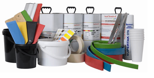 Screen printing supplies including ink, buckets, squeegees, tape, and color swatches arranged neatly.