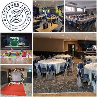 Collage of Blackburn Leisure Sports & Community Club featuring event spaces, tables, decorations, and a performance area.