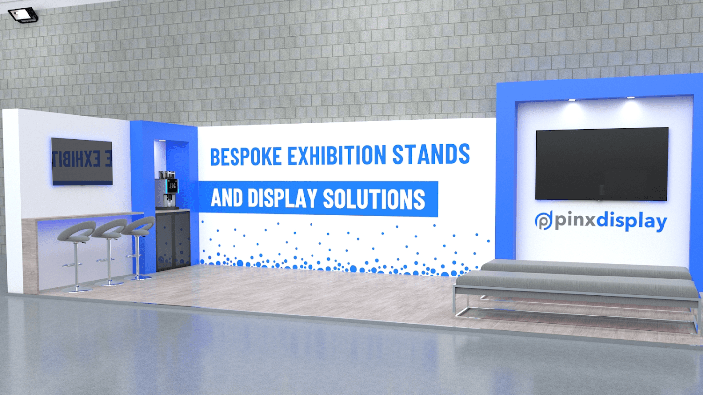 Bespoke exhibition stands and display solutions at Pinx Display Ltd, featuring a sleek counter and modern seating area.