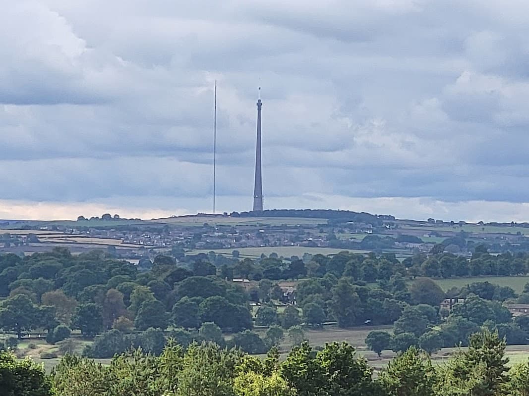 View from car park showing green fields, trees, and a tall radio tower against a cloudy sky in West Bretton, Yorkshire.