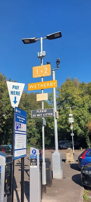 Signpost indicating parking zones 1 & 2, Wetherby; "Please do not litter" notice, clear blue sky above.