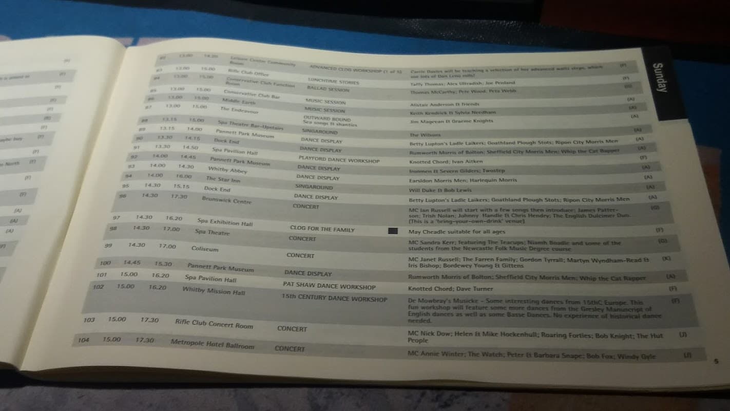 Schedule page featuring events at The Park Pub in Wibsey, Yorkshire, with timings and activity descriptions.